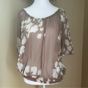 Sheer Brown and White Floral Women's Top, Size Large